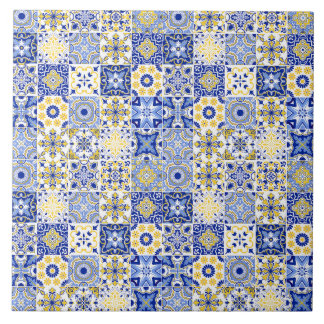 Carreau bleu et blanc jaune motif portugais Azulejo