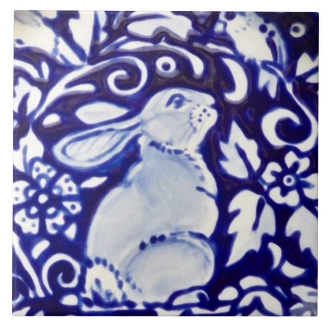 Carreau Bleu et blanc Rabbit Bird Floral Dedham Carrelage  (Devant)