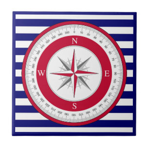 Carreau Bleu et blanc Rose de boussole rouge