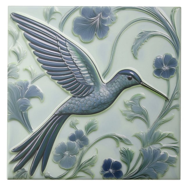 Carreau Bleu et faux relief menthe Art Nouveau Hummingbird (Devant)