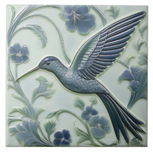 Carreau Bleu et faux relief menthe Art Nouveau Hummingbird