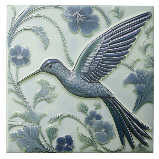 Carreau Bleu et faux relief menthe Art Nouveau Hummingbird (Devant)