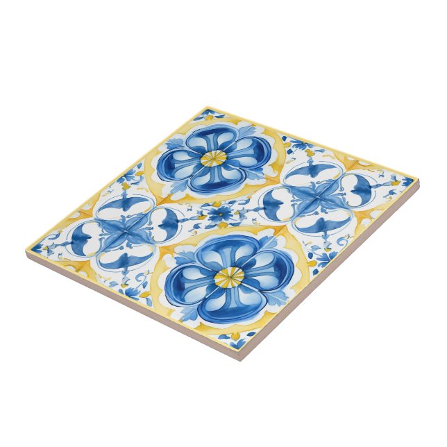 Carreau 💛 💙 bleu et jaune, aquarelle fleurie Azulejos (Côté)