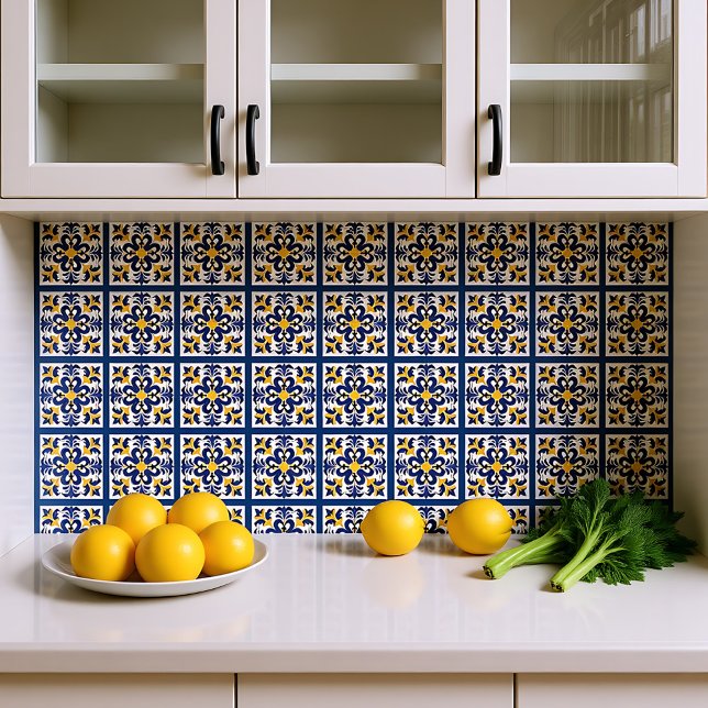 Carreau 💛 💙 bleu et jaune, symétrique Azulejos (💛💙 Blue and yellow, symmetrical Azulejos Ceramic Tile)