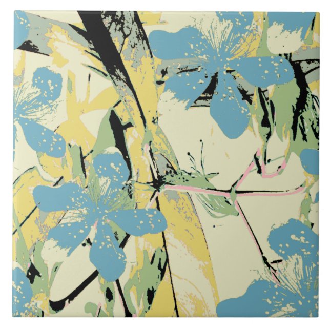 Carreau bleu fleur rétro et jaune (Devant)