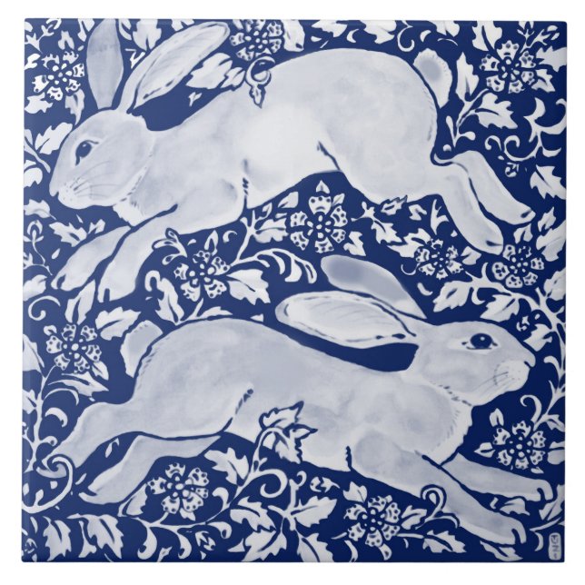 Carreau Bleu foncé complexe lapin paire floral marine Coba (Devant)