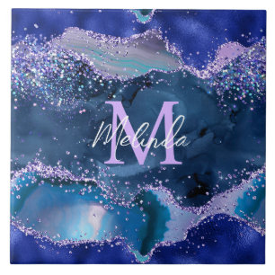 Carreau Bleu foncé et violet Parties scintillant Agate océ