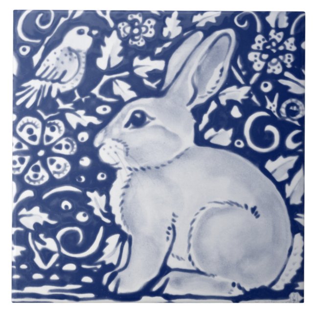 Carreau Bleu foncé Marine Cobalt Rabbit Bird Chinoiserie  (Devant)