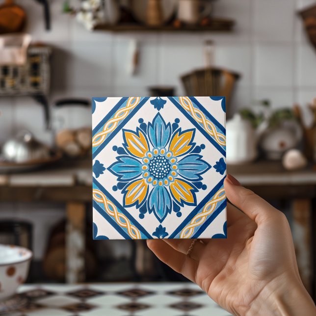 Carreau Bleu Jaune Azulejo Méditerranée Floral Maison Déco (Blue Yellow Azulejo Mediterranean Floral Home Deco Ceramic Tile)
