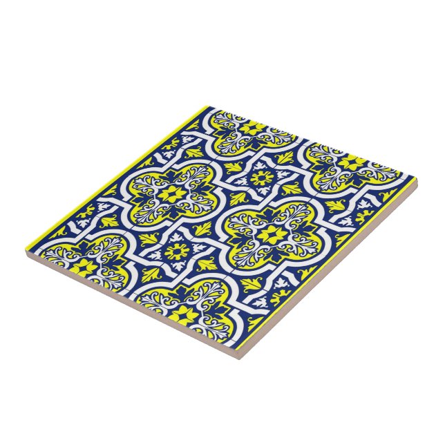Carreau Bleu Jaune Blanc Ornements Carrelage en céramique  (Côté)