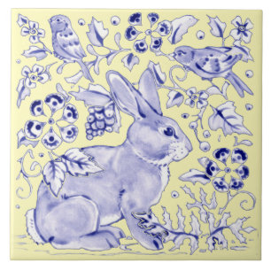 Carreau Bleu Jaune Lapin Oiseau Bois Floral Joli