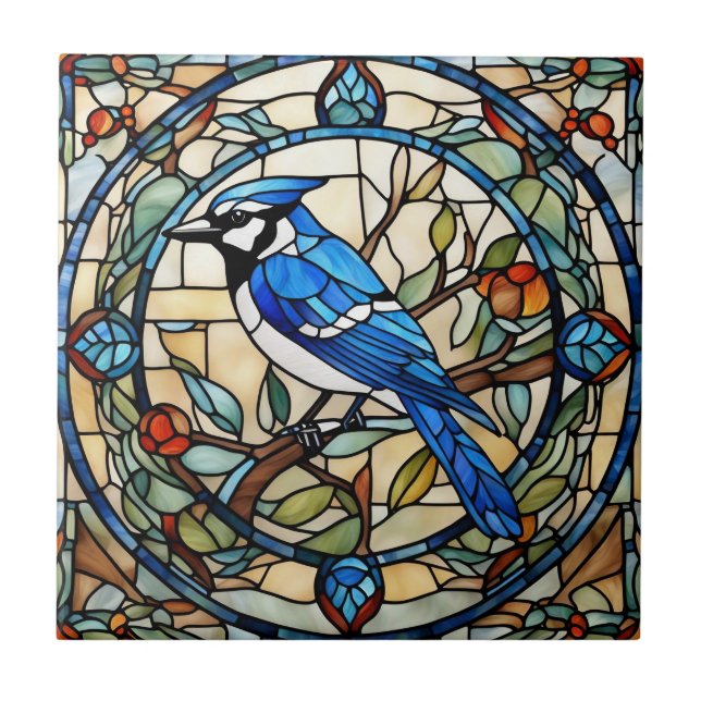 Carreau Bleu Jay Faux Vitrail Bluejay Bird (Devant)
