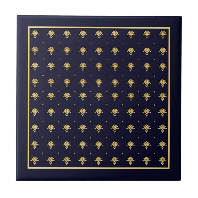 Carreau Bleu marine et damassé élégants d'or (Devant)