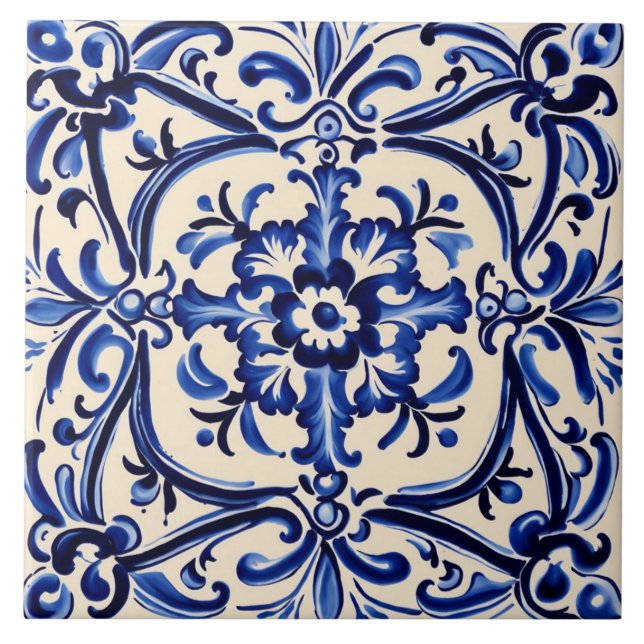 Carreau Bleu méditerranéen et blanc Art folklorique Abstra (Devant)