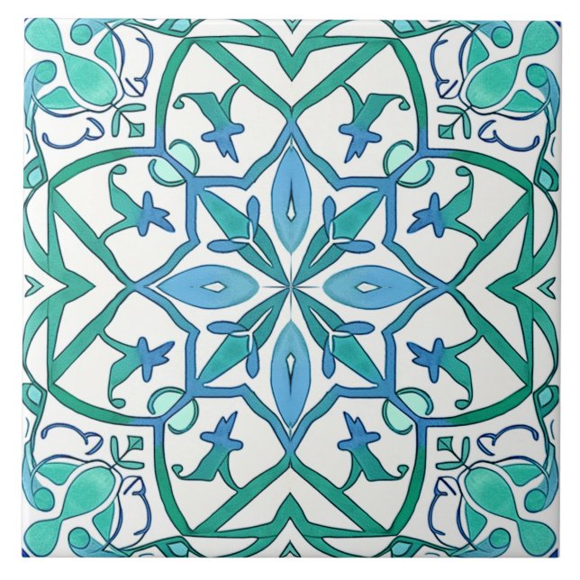 Carreau Bleu Méditerranéen Vert Orné Motif décoratif (Devant)