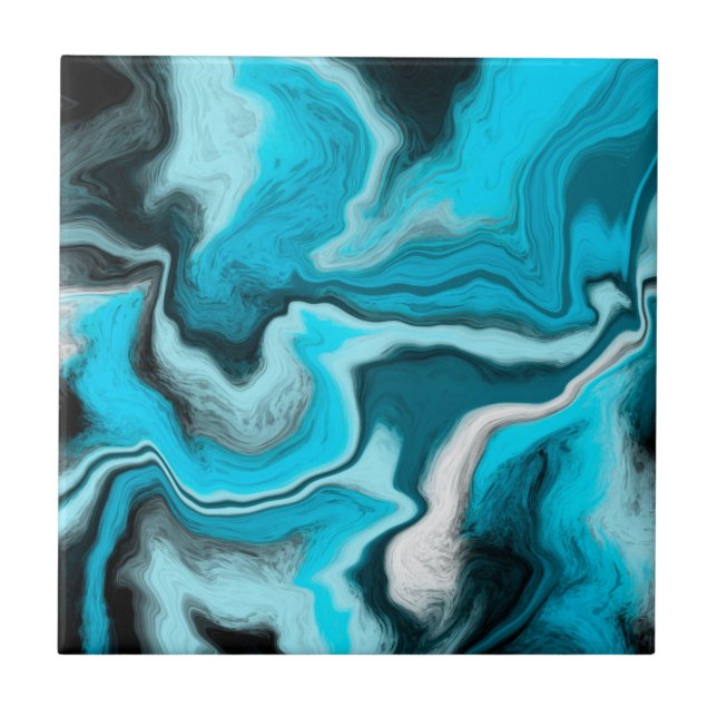 Carreau Bleu, noir et Marbre blanc Fluid Art (Devant)