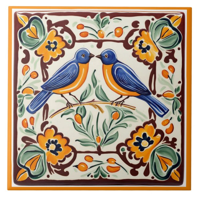 Carreau Bleu oiseaux Méditerranée Bleu Oiseau Folk Floral (Devant)