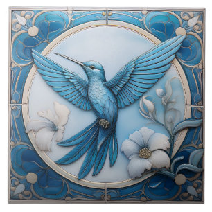 Carreau Bleu pastel faux relief Art Nouveau Colibri L