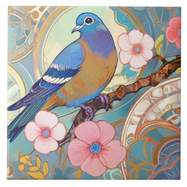 Carreau Bleu Pigeon Oiseau rose Floral Fleurs de printemps (Devant)