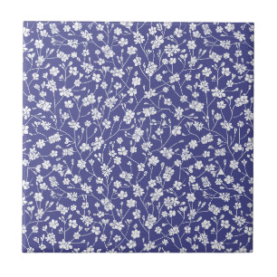 Carreau Bleu poussiéreux avec des fleurs blanches Imprimer