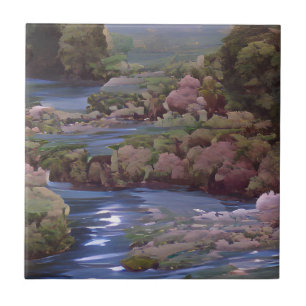 Carreau Bleu rivière arbres verts art numérique