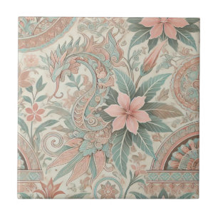 Carreau Bleu rose Floral Boho Indonésien Batik Aquarelle