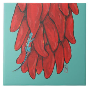 Carreau Bleu Sud-Ouest Lézard Rouge Chili Pepper Mural