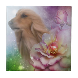 Carreau Blonde Afghan Hound Flowers Chien