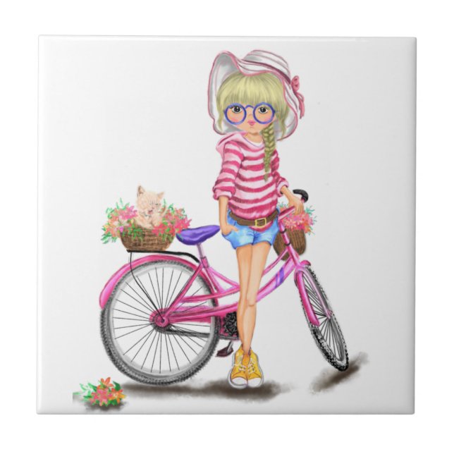 Carreau Blonde Girl Pink Bicycle Tile (Devant)