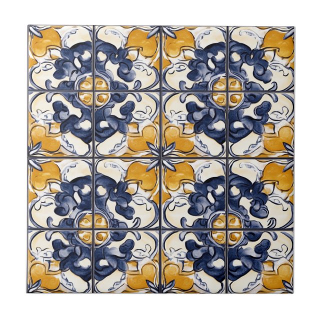 Carreau Blue and Gold Pattern Ceramic Tile (Devant)