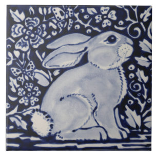 Carreau Blue and White Rabbit Floral Designer 6" Carrelage