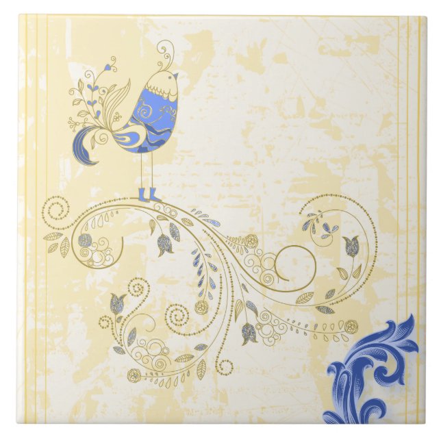 Carreau Blue Bird Retro Floral Art (Devant)