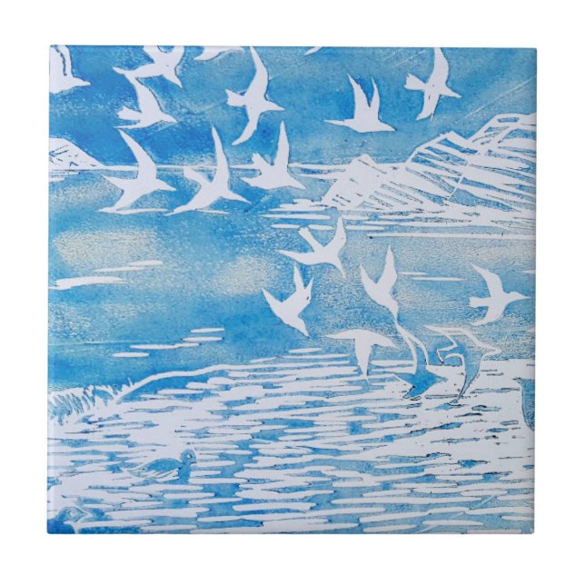 Carreau Blue Coast Birds Moderne Aquarelle Art (Devant)