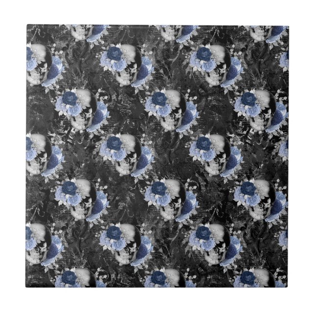 Carreau Blue Floral Skull Series Design 1 (Devant)