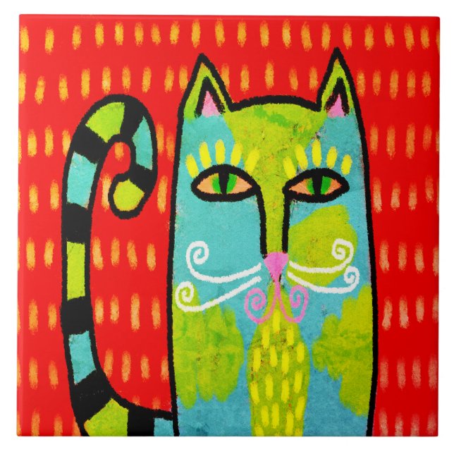 Carreau Blue Green Chat peinture numérique Abstraite (Devant)