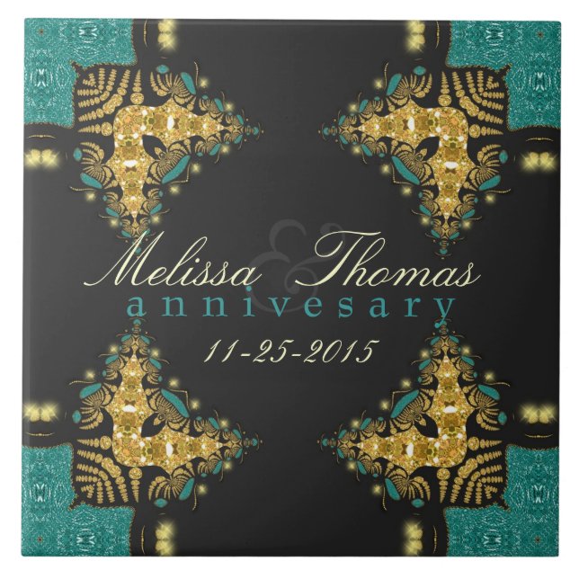 Carreau Blue Green +Gold Tribal Anniversaire Keepsaké Carr (Devant)
