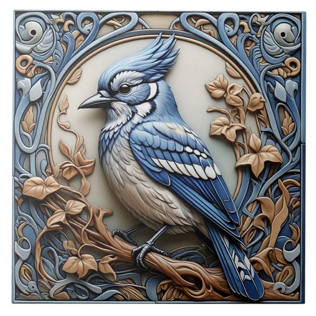 Carreau Blue Jay - Carrelage Art Nouveau en céramique (Devant)