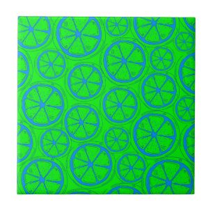 Carreau Blue Lime Lemon Pattern with Neon Green Background