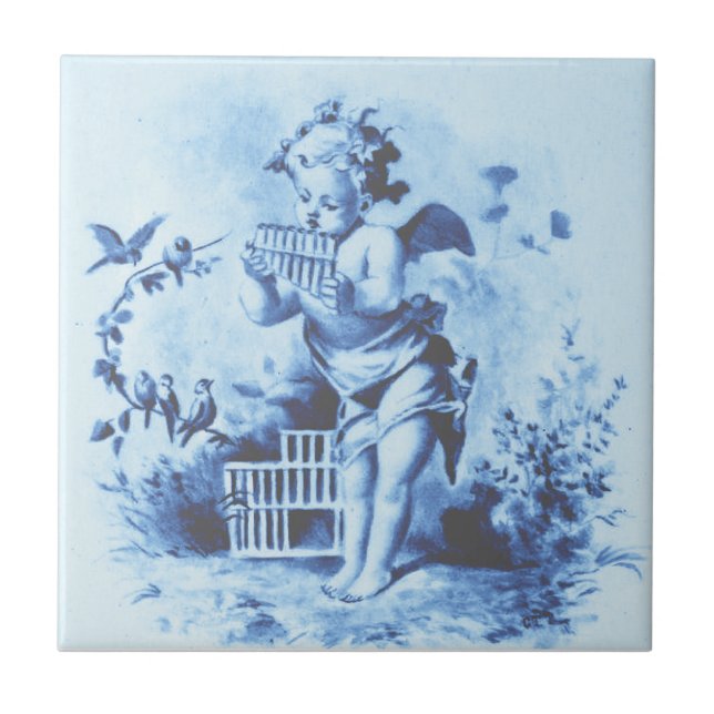 Carreau Blue Minton Cherub avec Pan Pipes & Birds Repro (Devant)