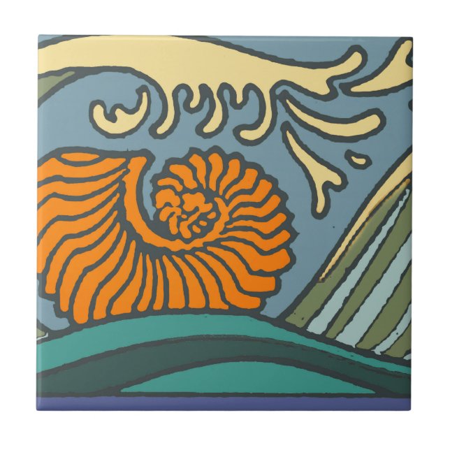 Carreau Blue Ocean Waves Nautilus Seashell Motif Nouveau (Devant)