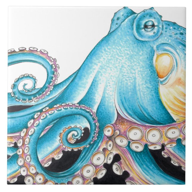 Carreau Blue Octopus On White Ink (Devant)