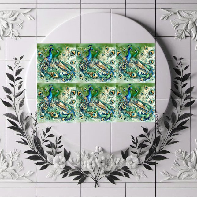 Carreau Blue Peacock Couple Green Golden Feathers Motif  (Blue Peacock Couple Green Golden Feathers Motif Ceramic Tile)