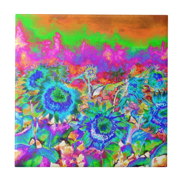 Carreau Blue Sunflowers rose violet à fleurs rétro funky (Devant)