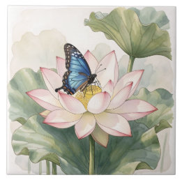 Carreau  Blue Swallowtail Butterfly With Lotus Flower Art