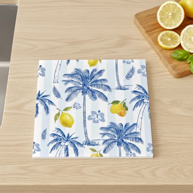 Carreau Blue Toile Palm Trees Lemons Pattern (Créateur téléchargé)