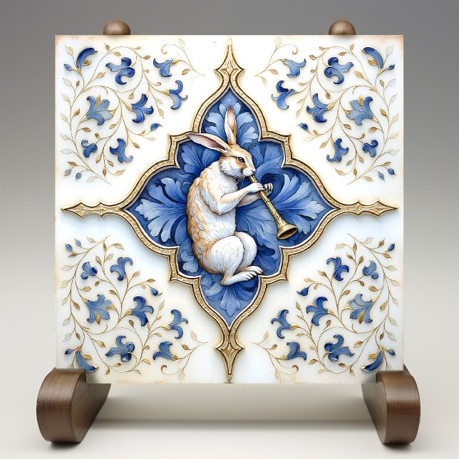 Carreau Blue White Gold Lièvre Défilement médiéval (Créateur téléchargé)