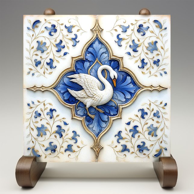 Carreau Blue White Gold Swan Défilement médiéval (Créateur téléchargé)