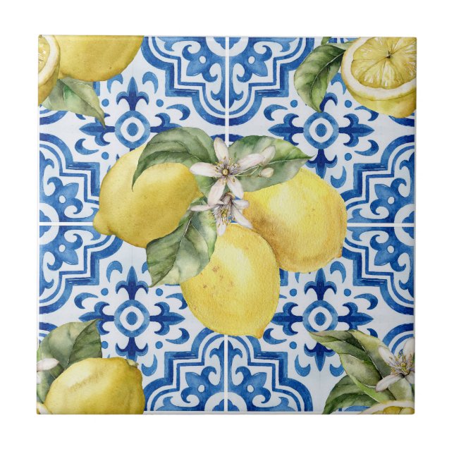 Carreau Blue White Mediterranean Lemon Pattern (Devant)