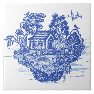 Carreau Blue Willow Lucky Cat Koi Pond Antique Imaginaire