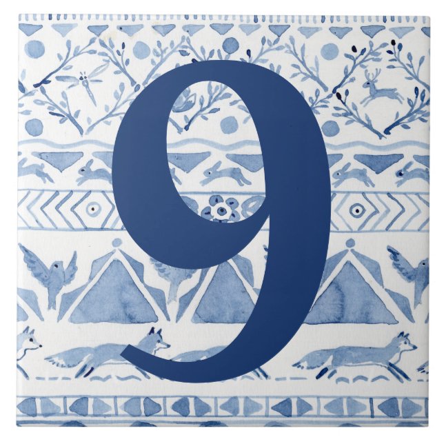 Carreau Blue Woodland Animal Ikat House Adresse Numéro 9 (Devant)